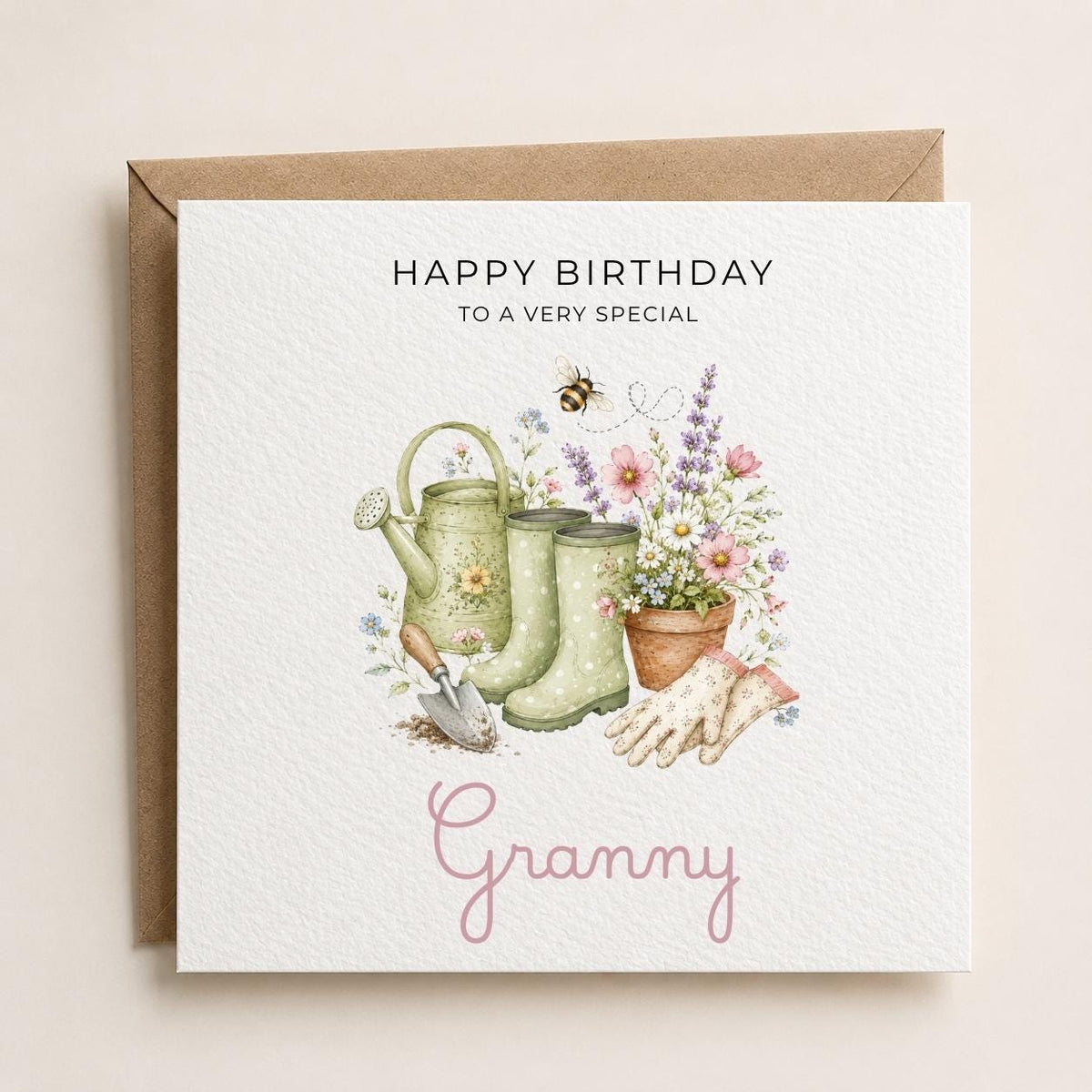 Personalised Bee Garden Theme Birthday Card for Wife, Mum, Grandma, Daughter, Auntie, Sister etc