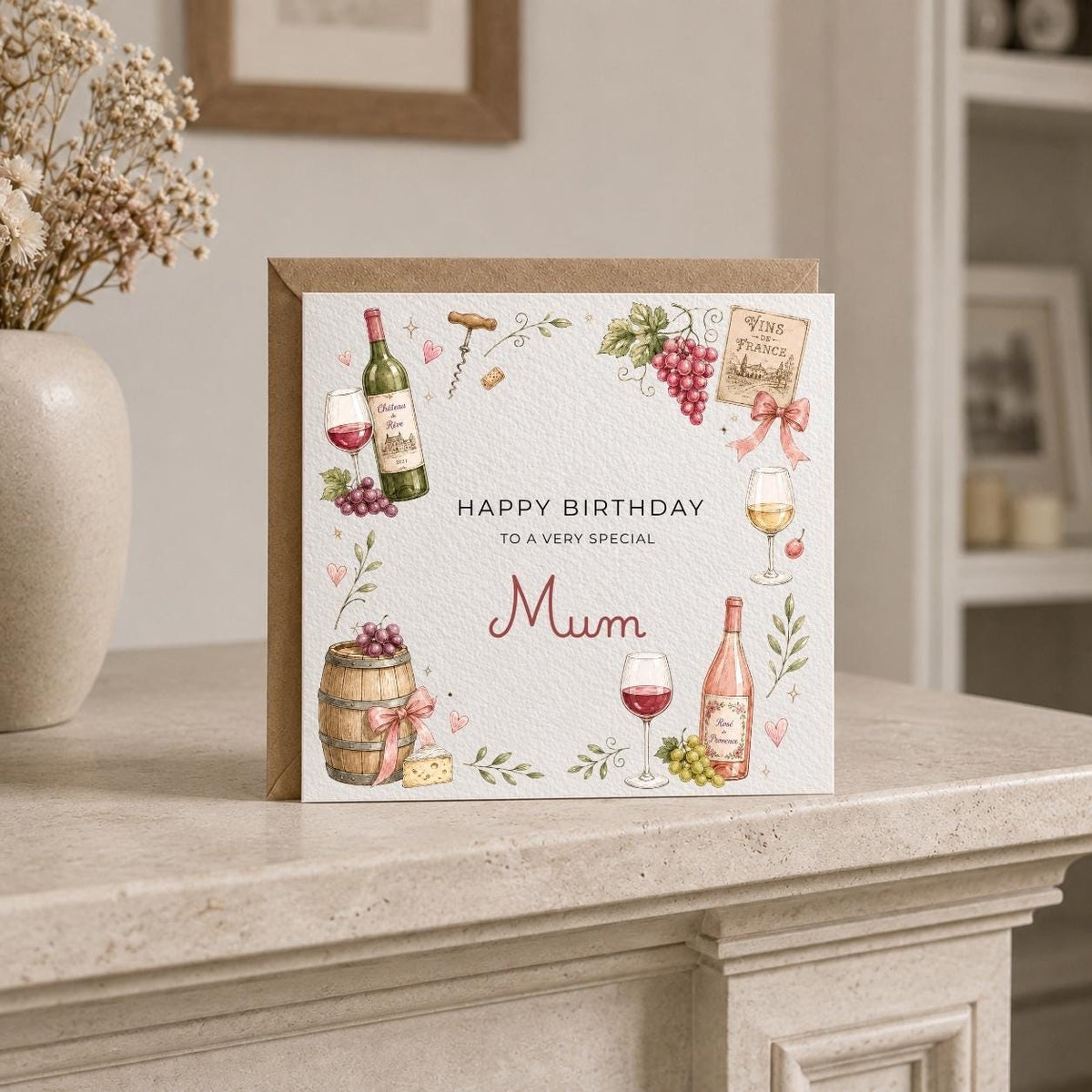 Personalised Wine Theme Birthday Card for Wife, Mum, Grandma, Daughter, Auntie, Sister etc