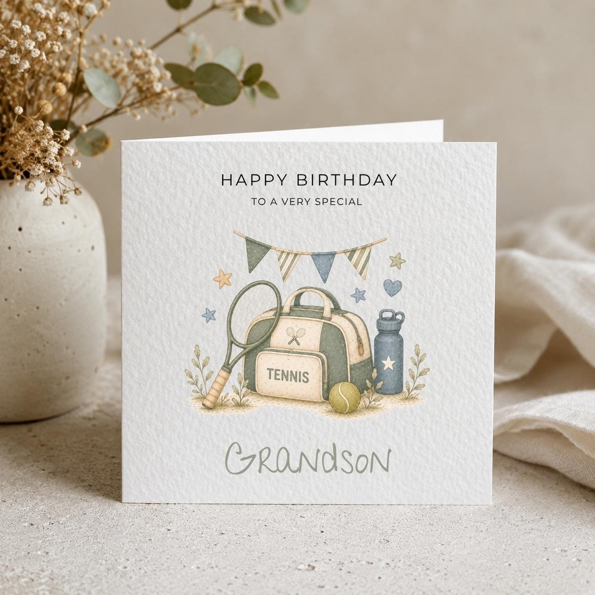 Personalised Tennis Theme Birthday Card for Son, Grandson, Brother etc