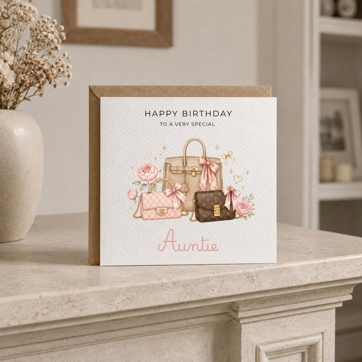 Personalised Designer Bags Theme Birthday Card for Wife, Mum, Grandma, Daughter, Auntie, Sister etc