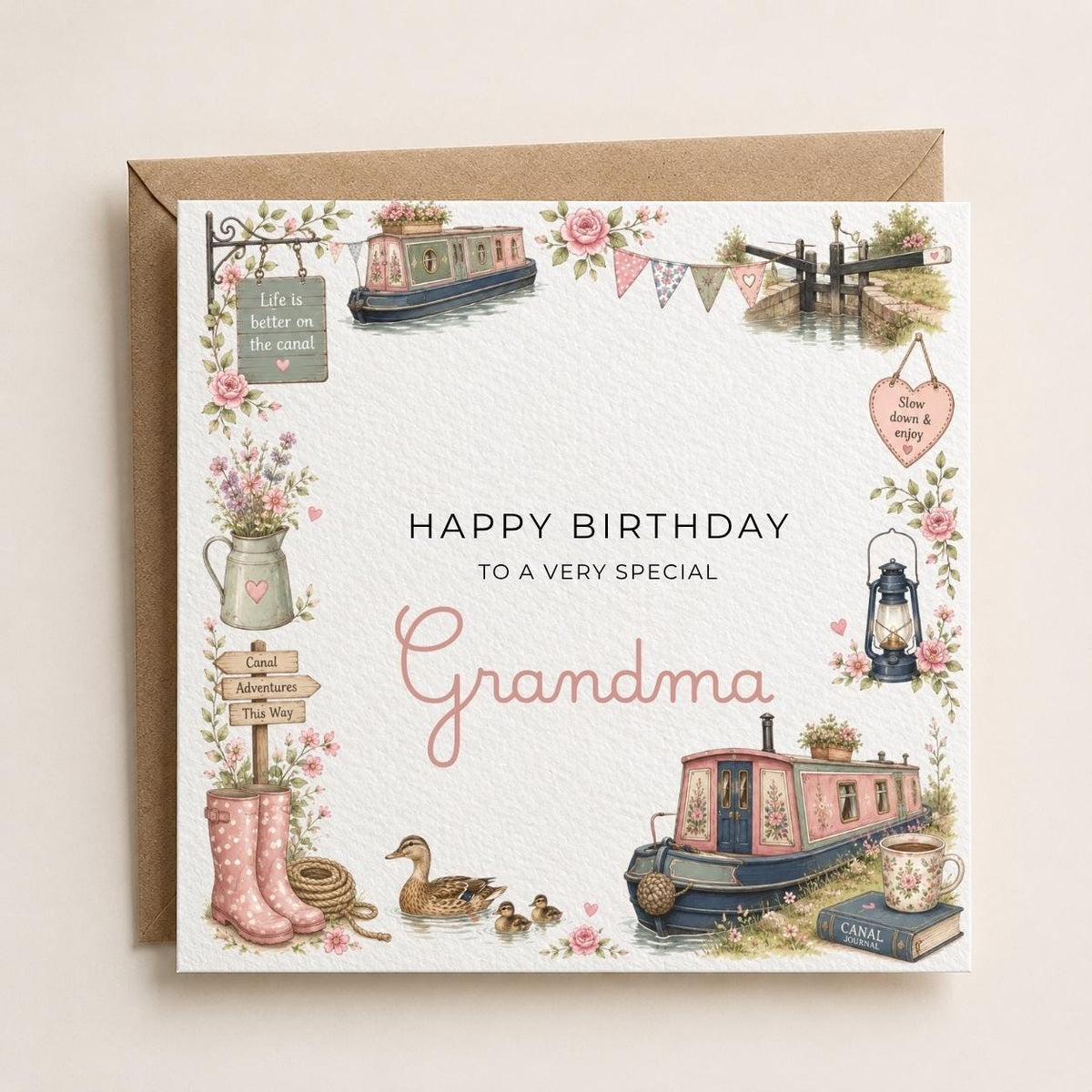 Personalised Canal Boat Theme Birthday Card for Wife, Mum, Grandma, Daughter, Auntie, Sister etc