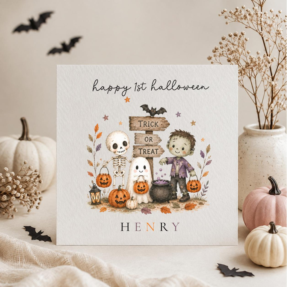 Personalised Halloween Card, Spooky Skeleton Ghost Zombie Design, First Birthday Greeting