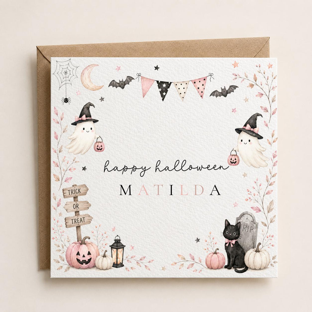 Personalised Halloween Card, Ghost, Black Cat, Pumpkin, Girl's First Halloween Birthday