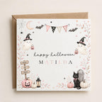 Personalised Halloween Card, Ghost, Black Cat, Pumpkin, Girl's First Halloween Birthday