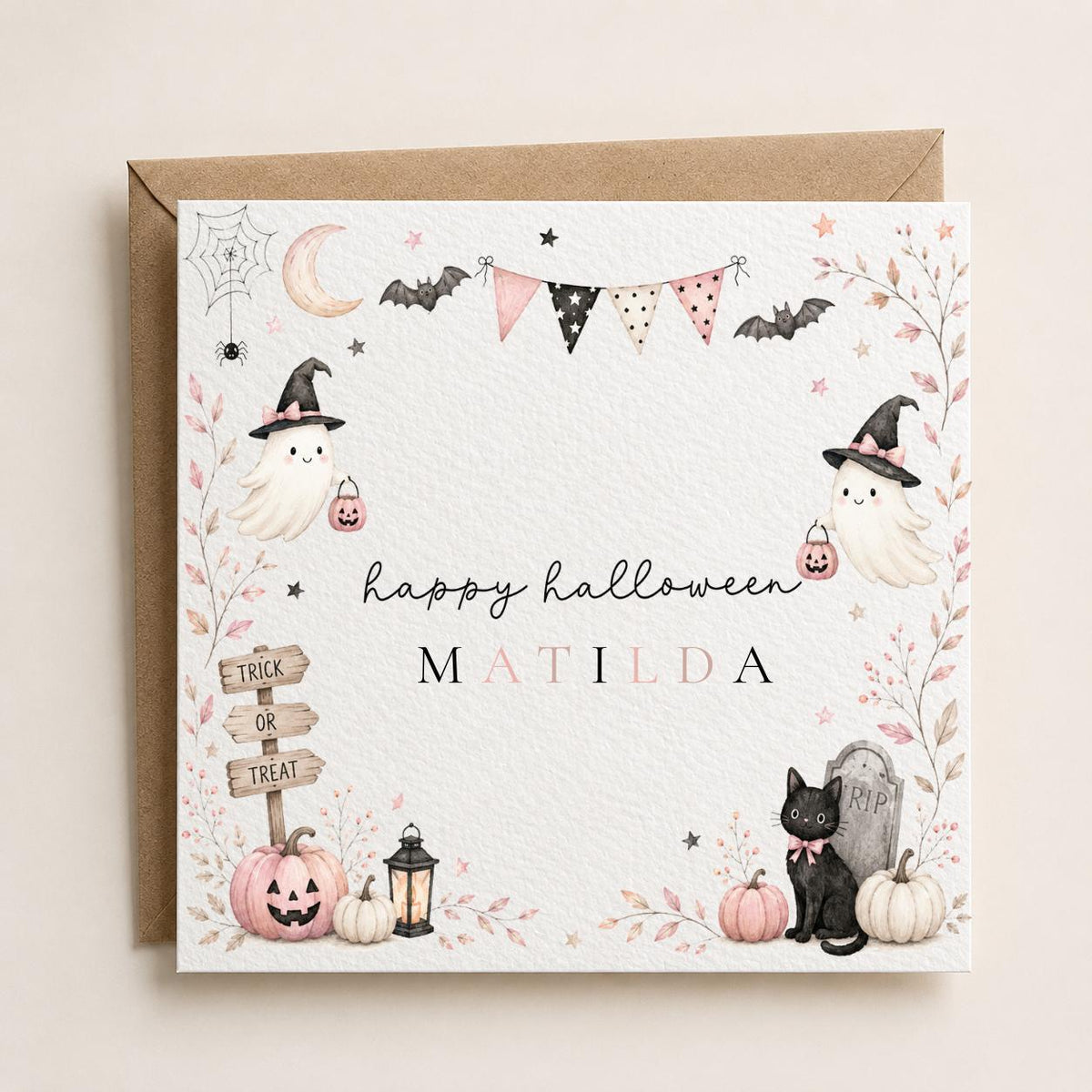 Personalised Halloween Card, Ghost, Black Cat, Pumpkin, Girl's First Halloween Birthday