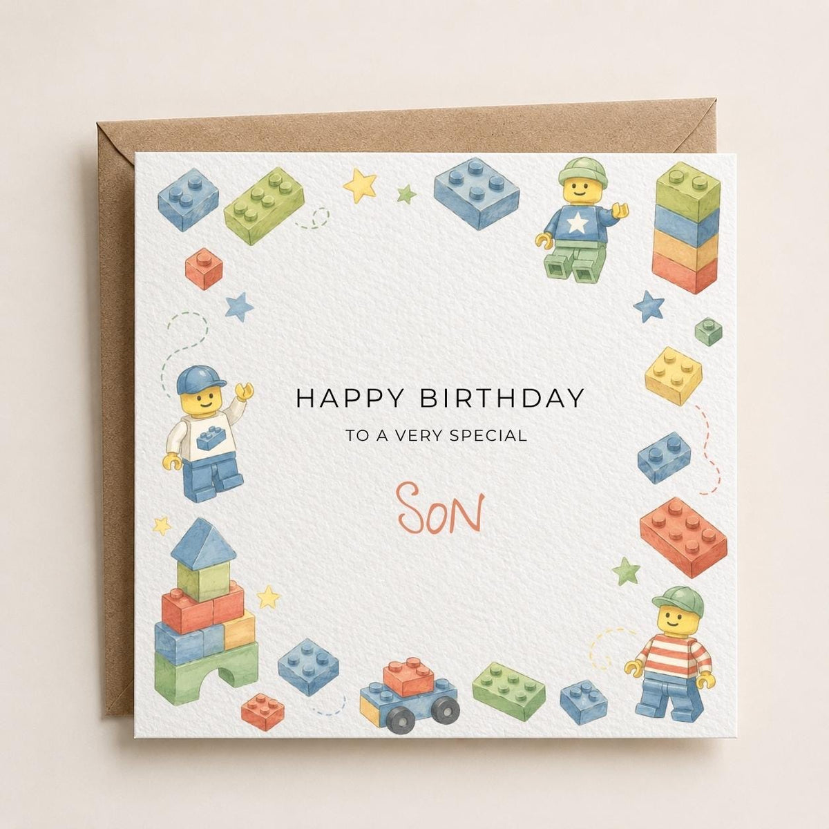 Personalised Lego Theme Birthday Card for Son, Grandson, Brother etc