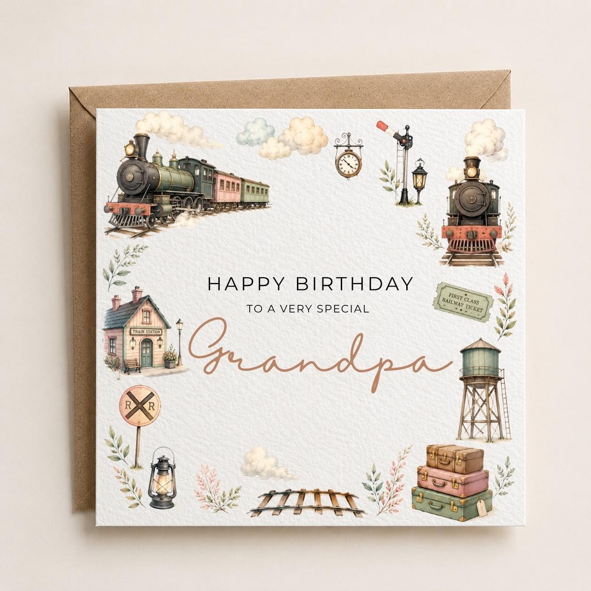 Personalised Train Theme Birthday Card for Husband, Dad, Grandad, Son,  Uncle, Brother etc