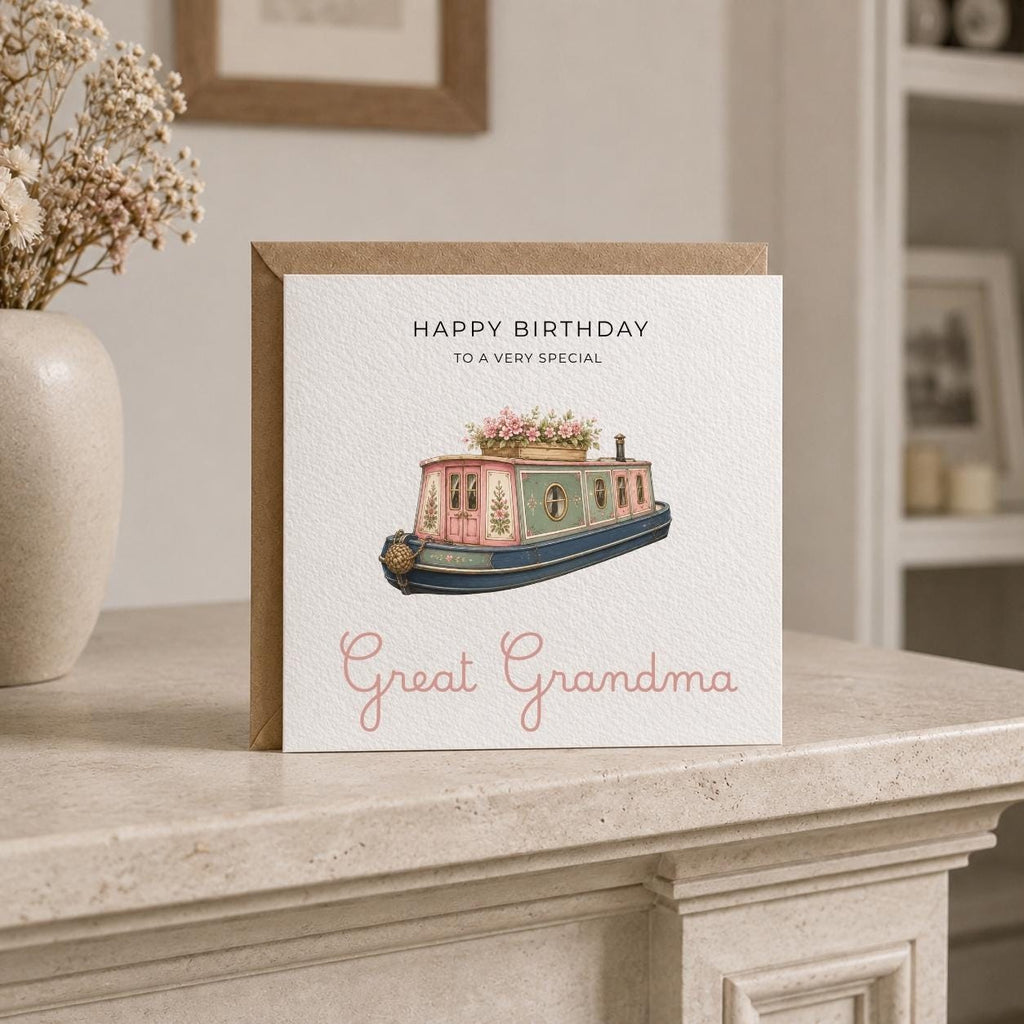Personalised Canal Boat Theme Birthday Card for Wife, Mum, Grandma, Daughter, Auntie, Sister etc