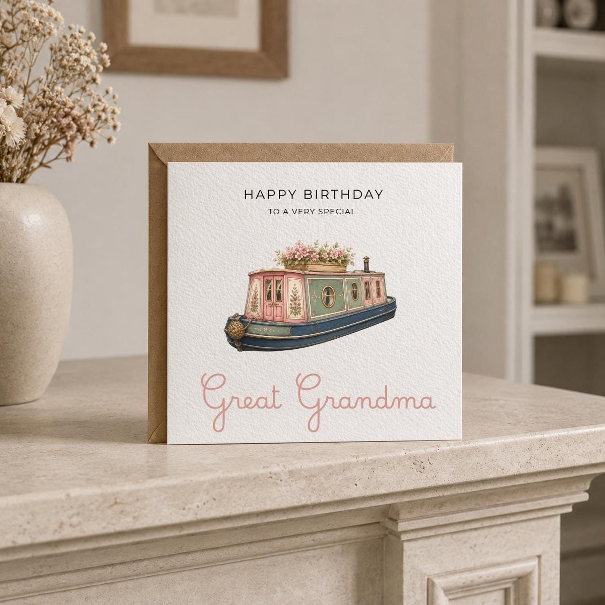 Personalised Canal Boat Theme Birthday Card for Wife, Mum, Grandma, Daughter, Auntie, Sister etc