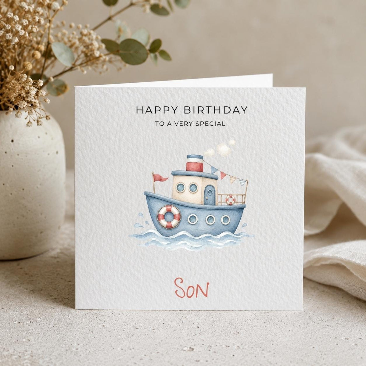 Personalised Boat Theme Birthday Card for Son, Grandson, Brother etc