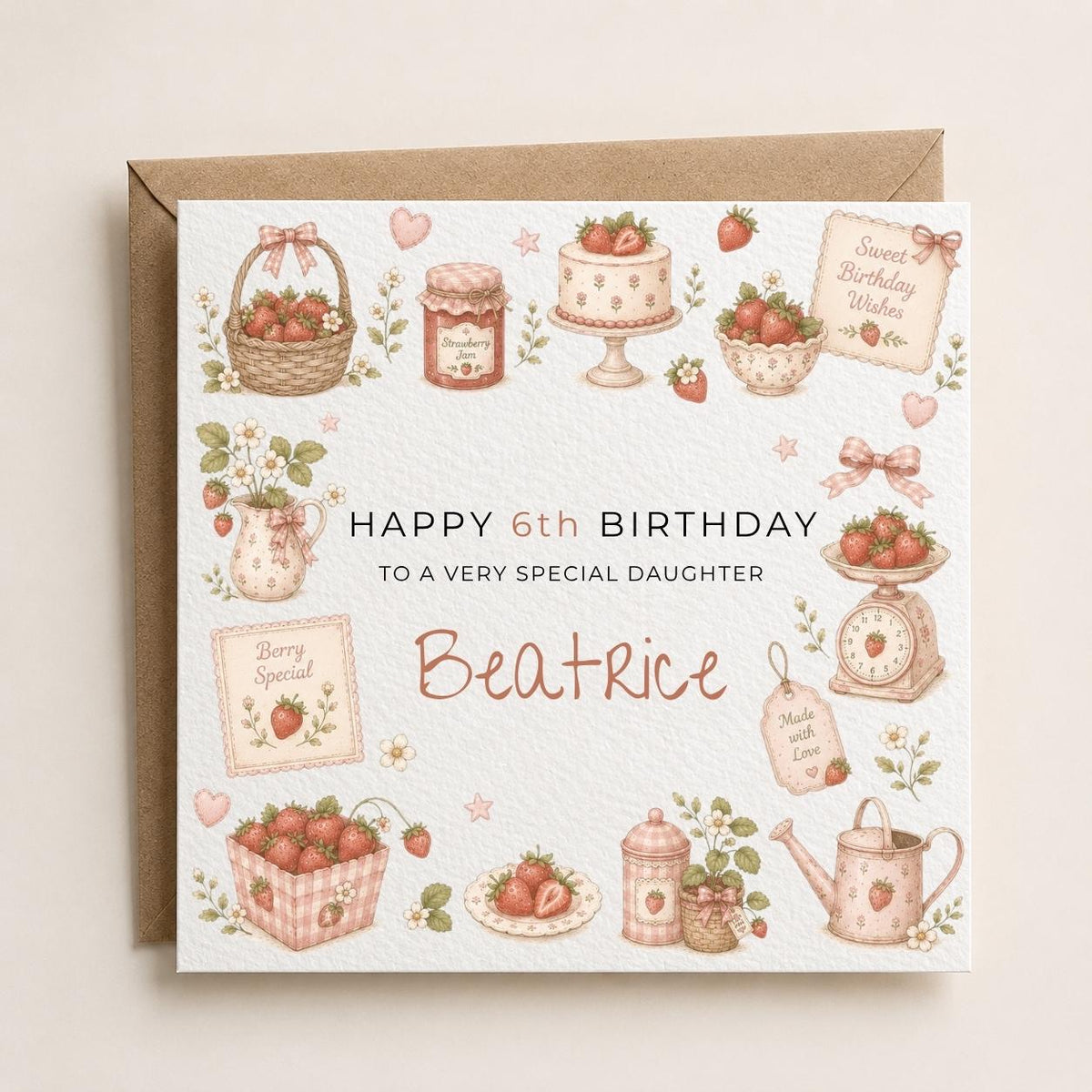 Personalised Strawberry Theme Birthday Card for Daughter, Granddaughter, Sister etc