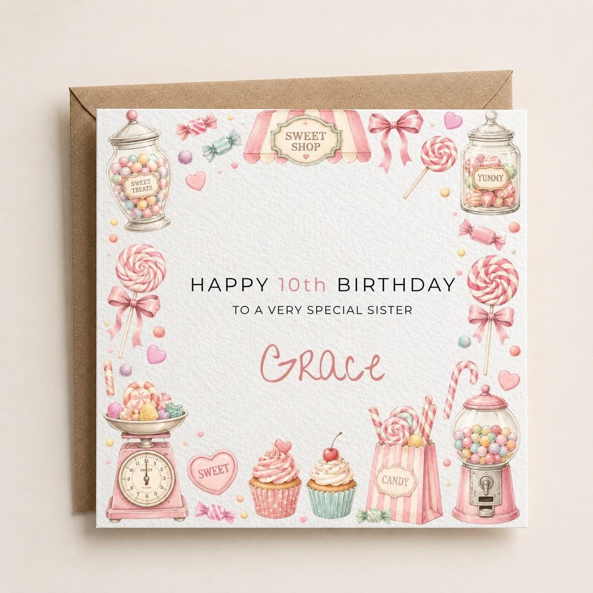 Personalised Sweets Theme Birthday Card for Daughter, Granddaughter, Sister etc