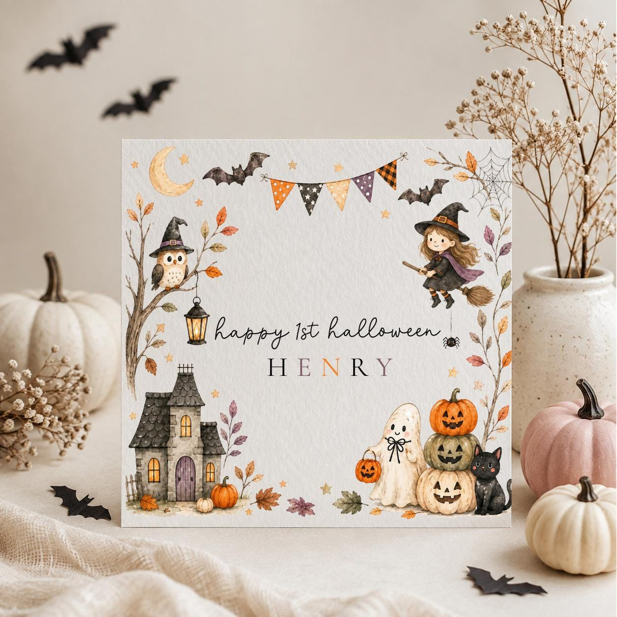 Personalised Halloween Card, Witch, Ghost, Black Cat, Haunted House Design