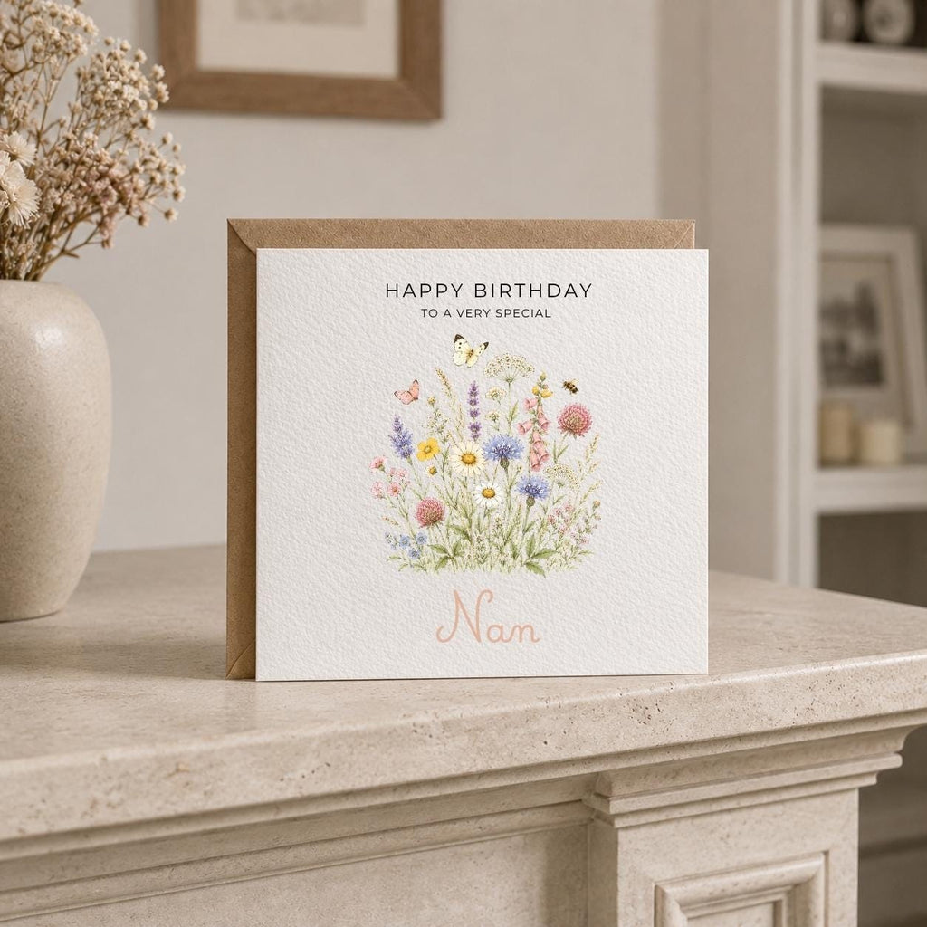 Personalised Wildflower Theme Birthday Card for Wife, Mum, Grandma, Daughter, Auntie, Sister etc