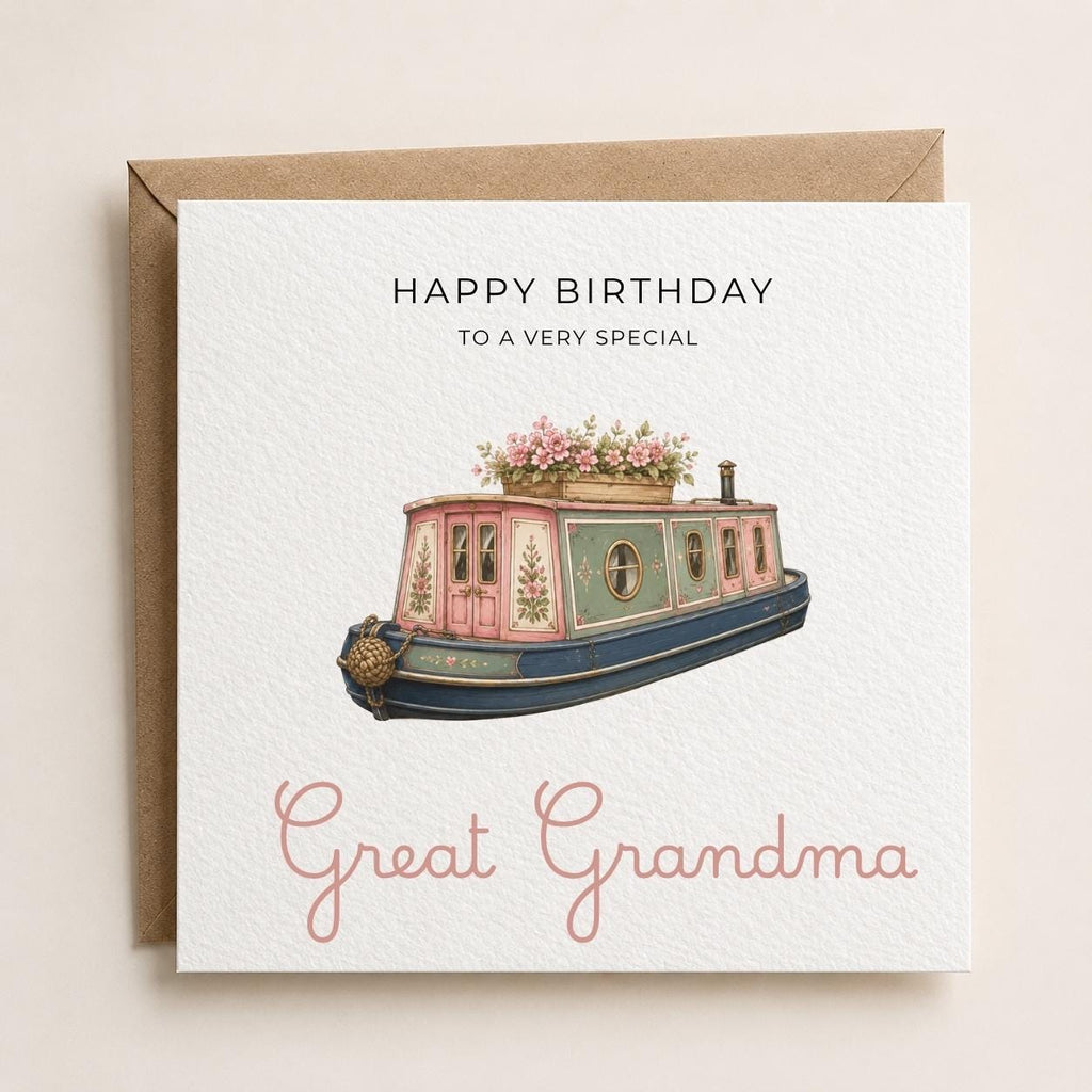 Personalised Canal Boat Theme Birthday Card for Wife, Mum, Grandma, Daughter, Auntie, Sister etc