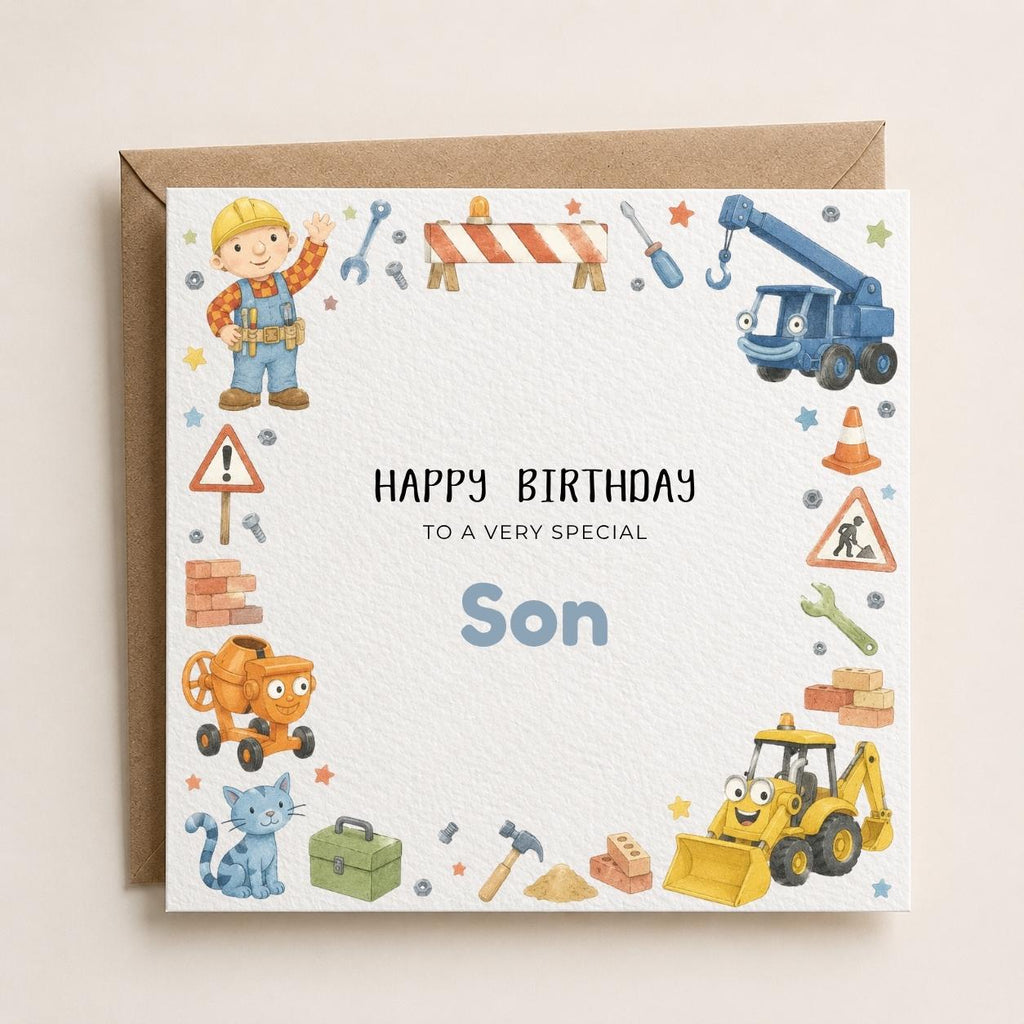 Personalised Bob and Crew Birthday Card for Son | Construction Theme Greeting