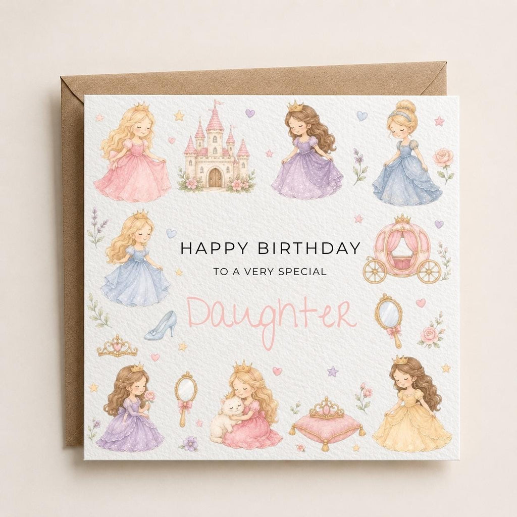 Personalised Princess Theme Birthday Card for Daughter, Granddaughter, Sister etc