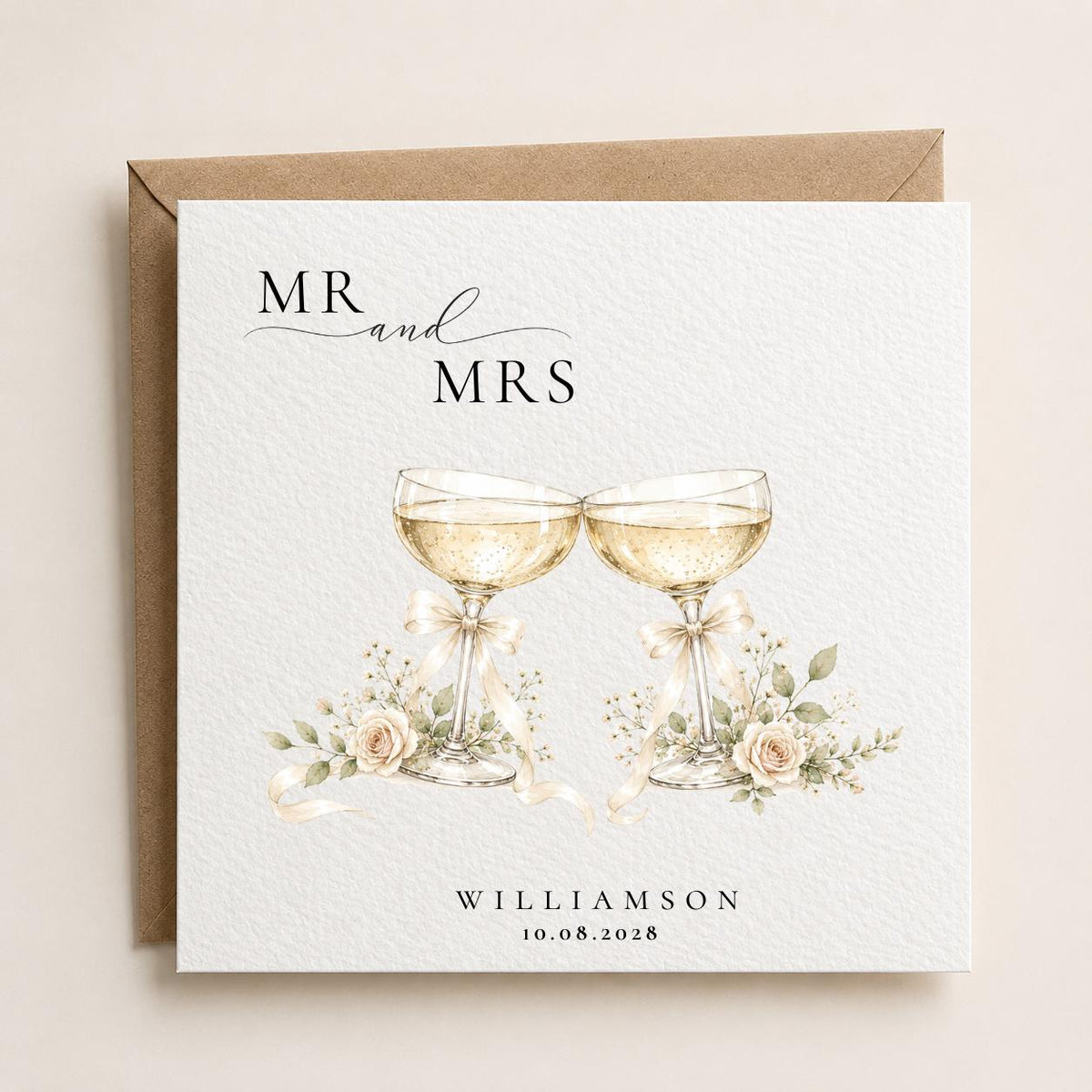 Personalised Mr and Mrs Wedding Card | Champagne Toast, Custom Surname, Date