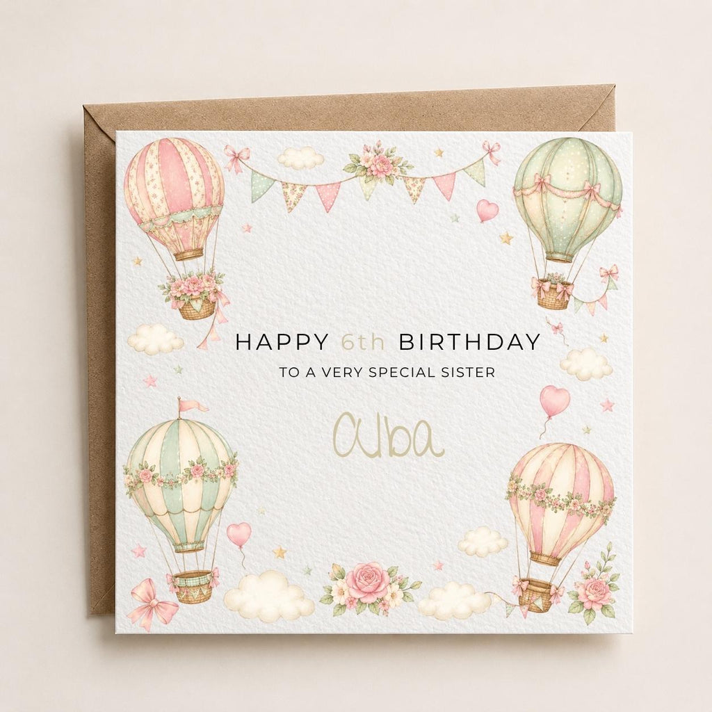 Personalised Hot Air Balloon Theme Birthday Card for Daughter, Granddaughter, Sister etc