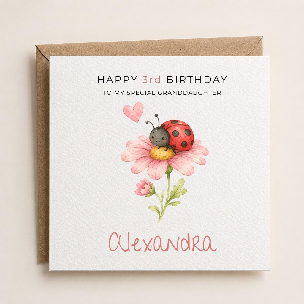 Personalised Ladybird Theme Birthday Card for Daughter, Granddaughter, Sister etc