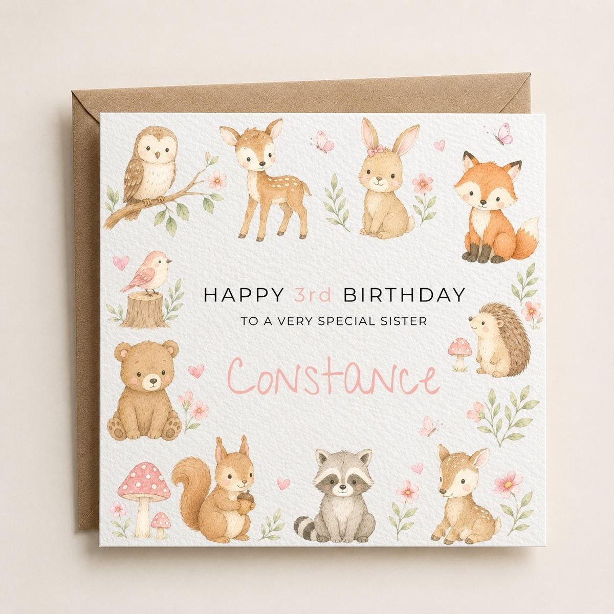 Personalised Woodland Theme Birthday Card for Daughter, Granddaughter, Sister etc