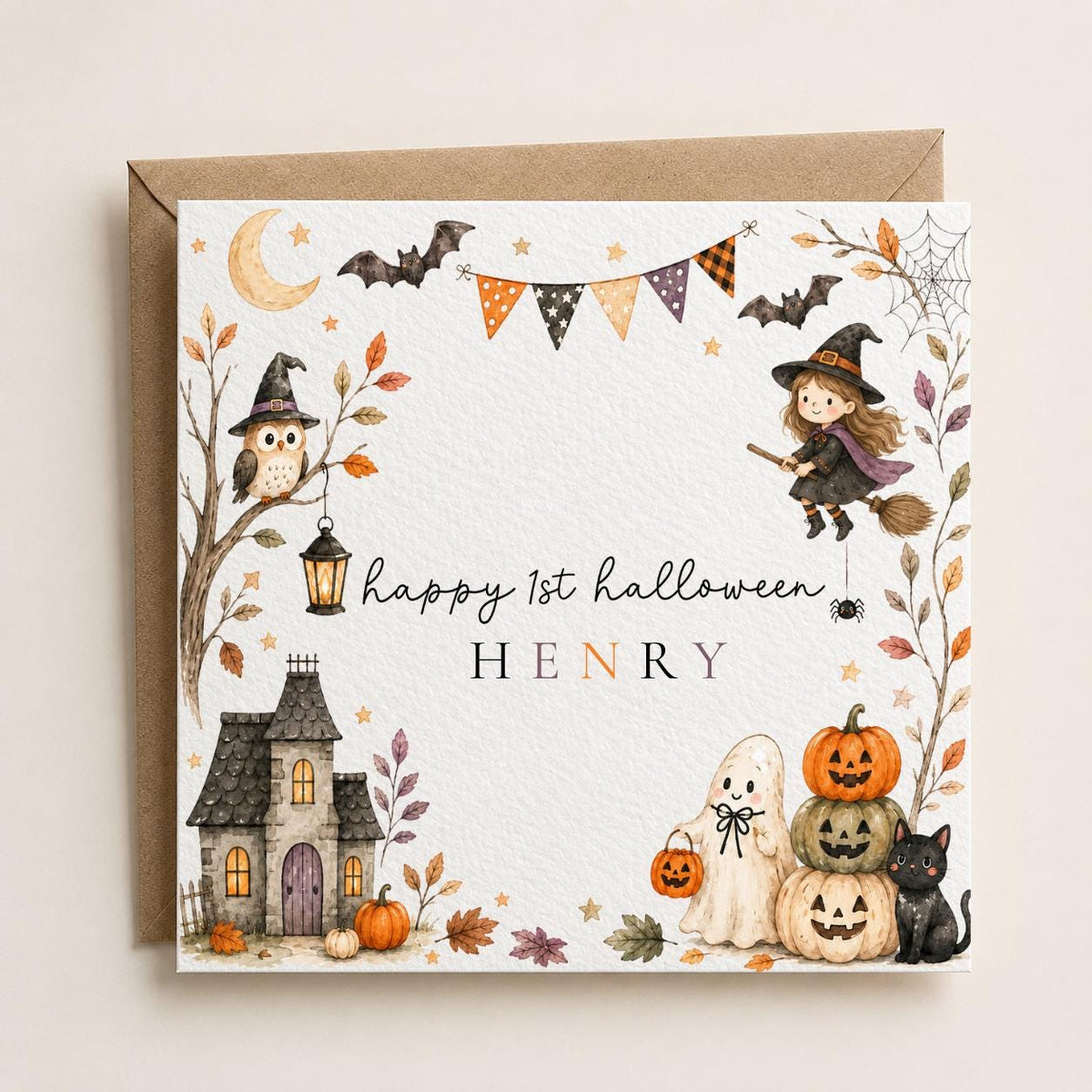 Personalised Halloween Card, Witch, Ghost, Black Cat, Haunted House Design