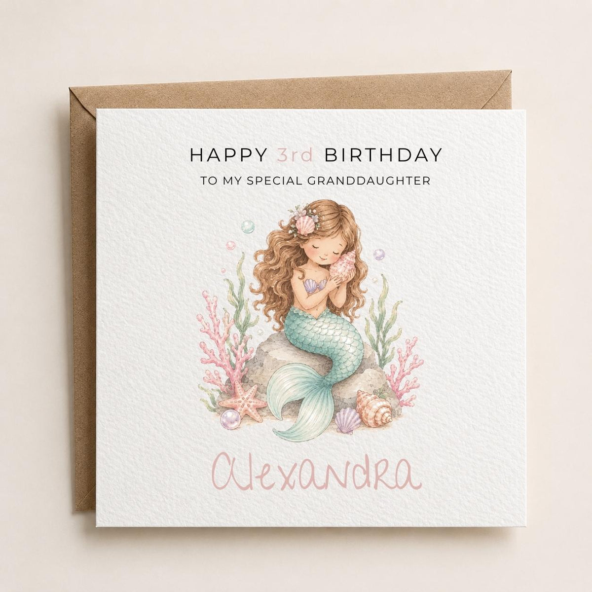 Personalised Mermaid Theme Birthday Card for Daughter, Granddaughter, Sister etc