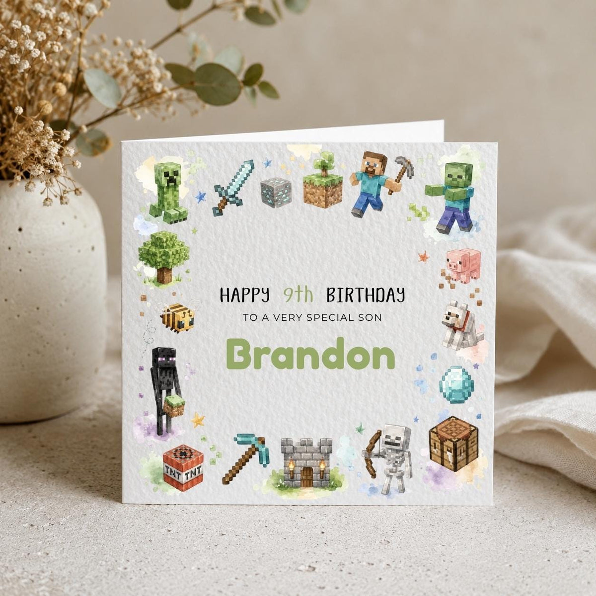 Personalised Block Character Gaming Theme Birthday Card for Son, Daughter, Brother, Sister etc