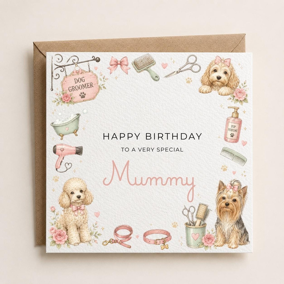 Personalised Dog Groomer Theme Birthday Card for Wife, Mum, Grandma, Daughter, Auntie, Sister etc