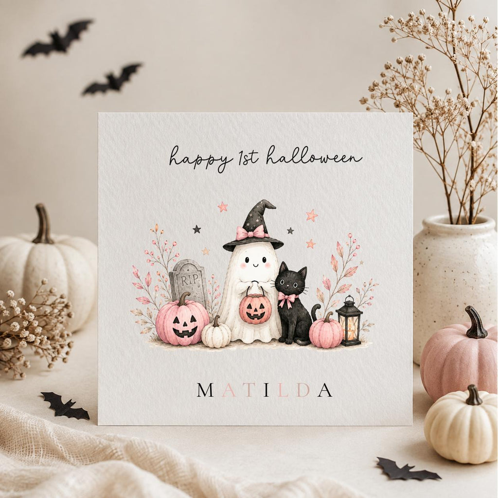 Personalised Halloween Card, Ghost Pumpkin Black Cat Design, 1st Halloween Birthday For Girls