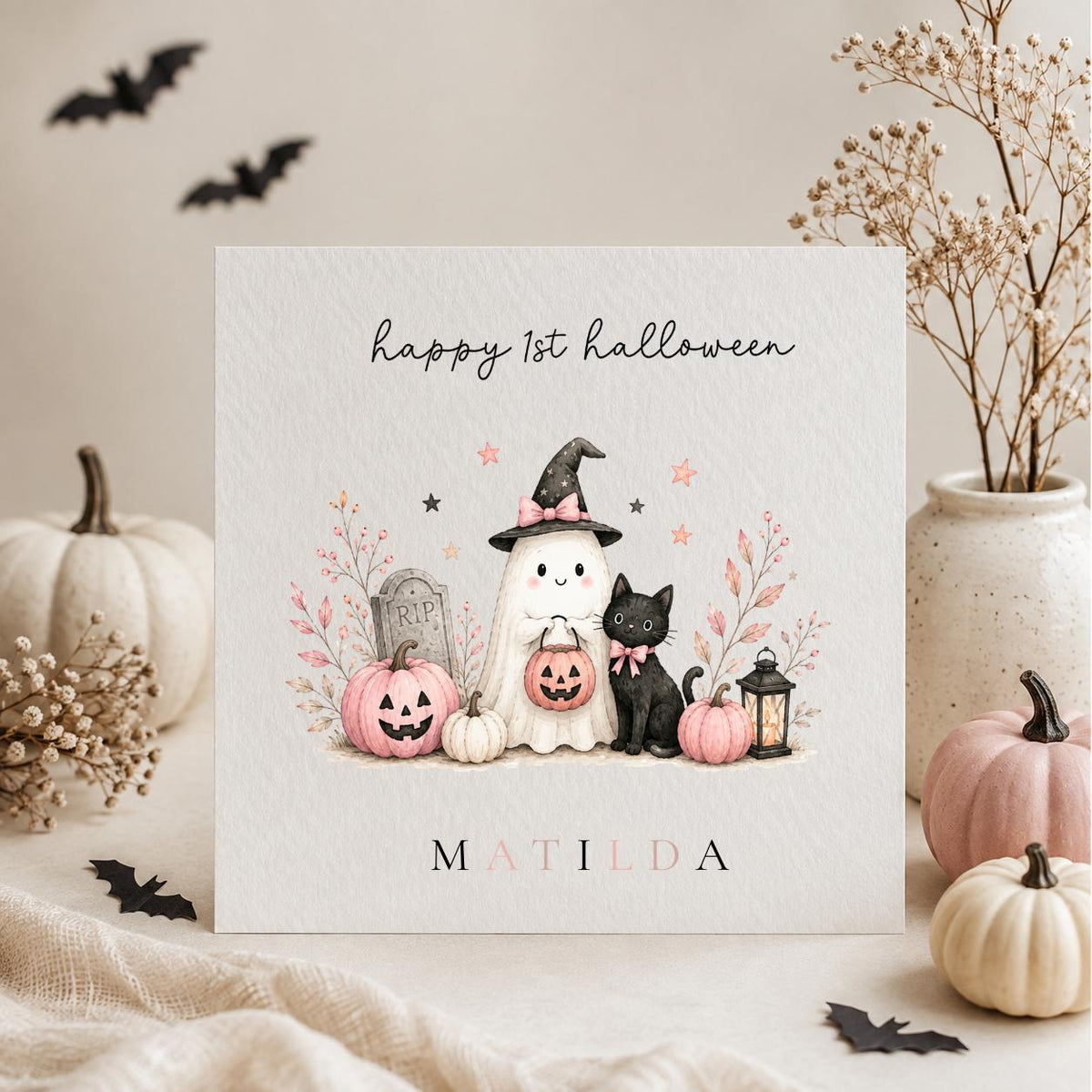 Personalised Halloween Card, Ghost Pumpkin Black Cat Design, 1st Halloween Birthday For Girls