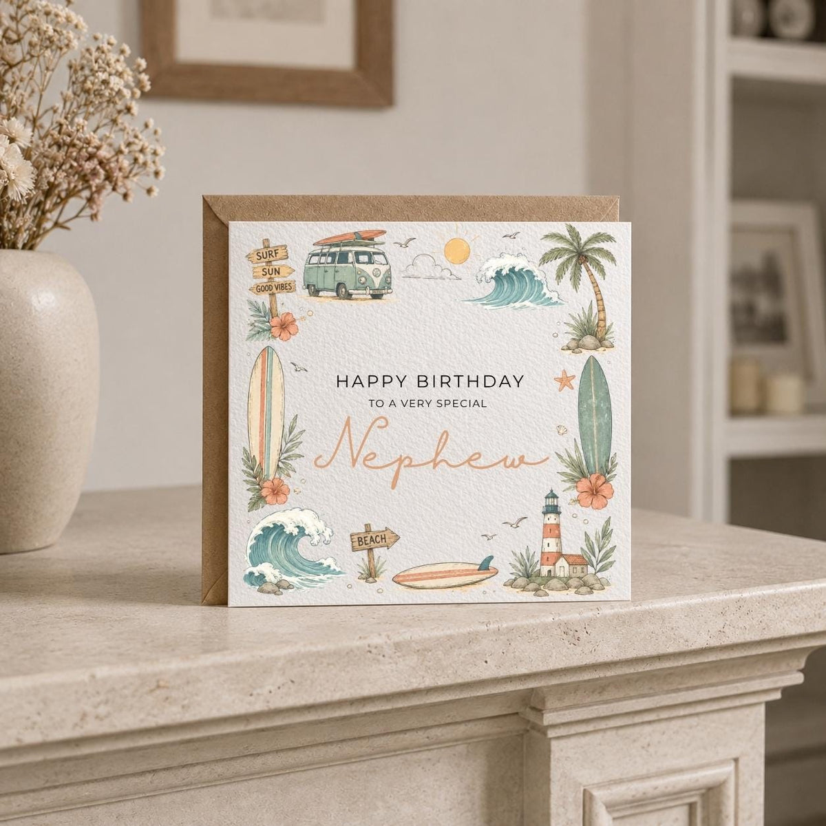 Personalised Surfing Theme Birthday Card for Husband, Dad, Grandad, Son,  Uncle, Brother etc