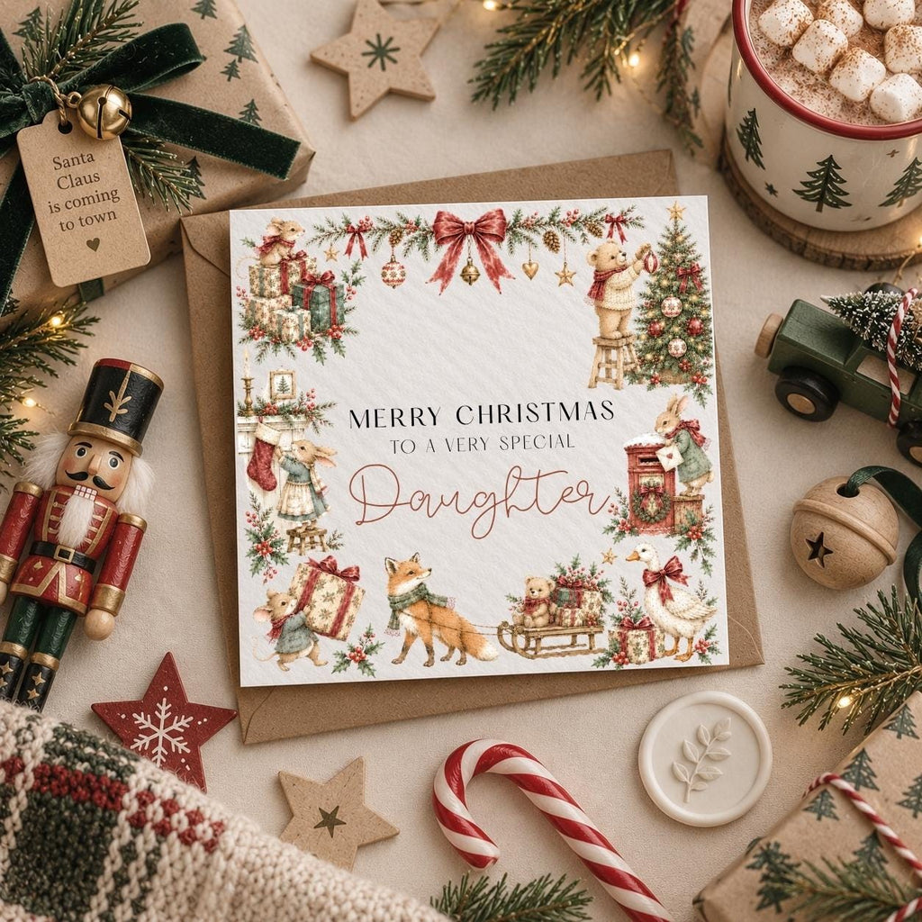Personalised Vintage Christmas Card for Children | Traditional Animals & Gifts