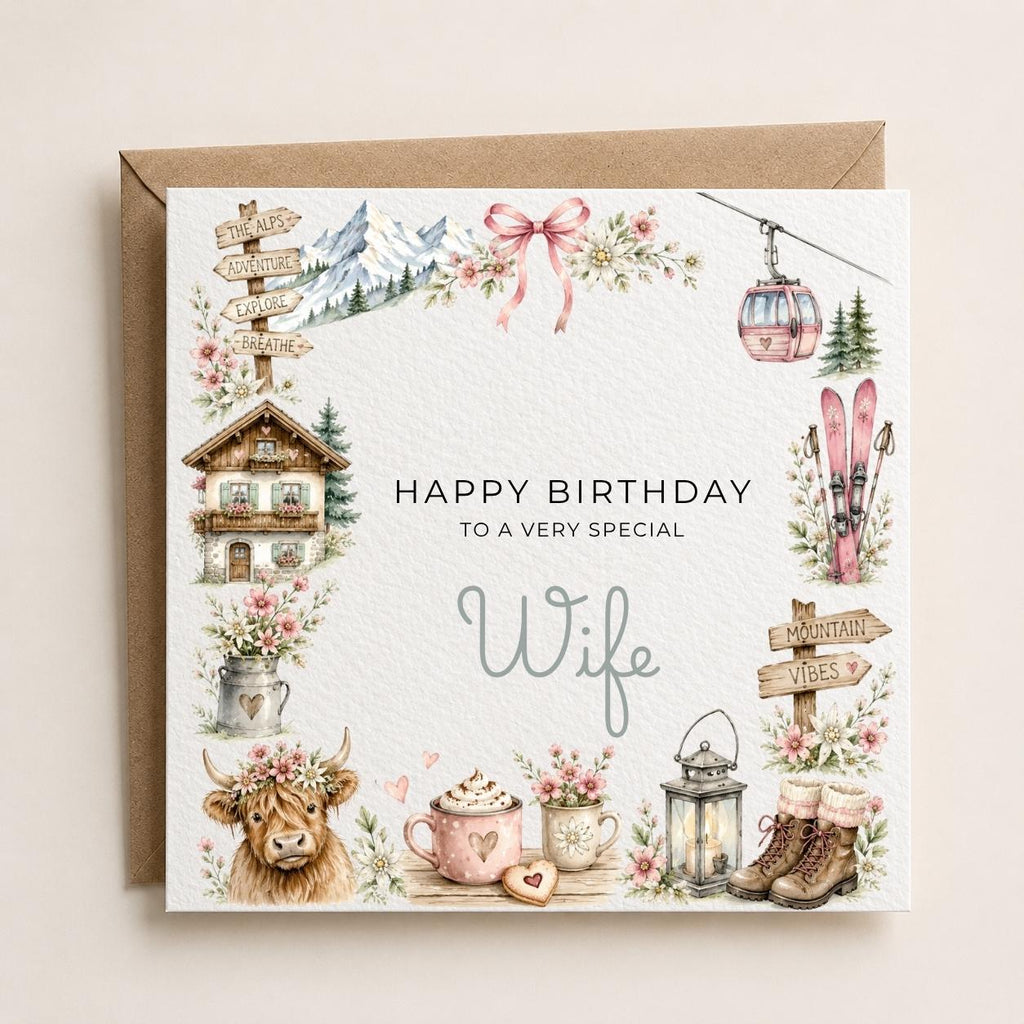 Personalised Skiing Theme Birthday Card for Wife, Mum, Grandma, Daughter, Auntie, Sister etc