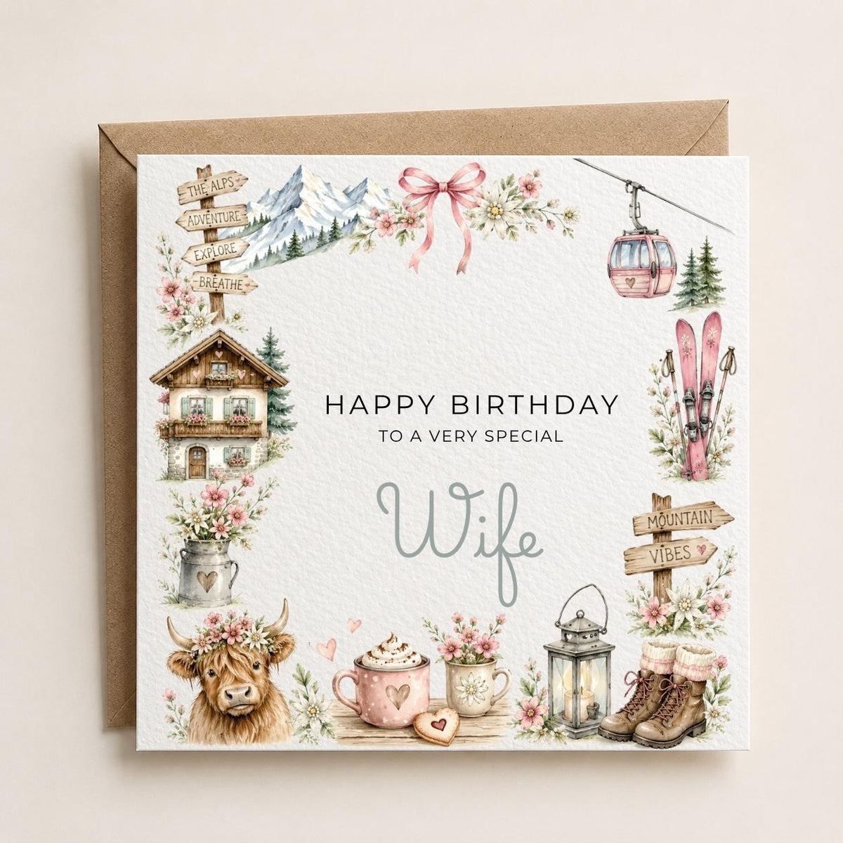 Personalised Skiing Theme Birthday Card for Wife, Mum, Grandma, Daughter, Auntie, Sister etc