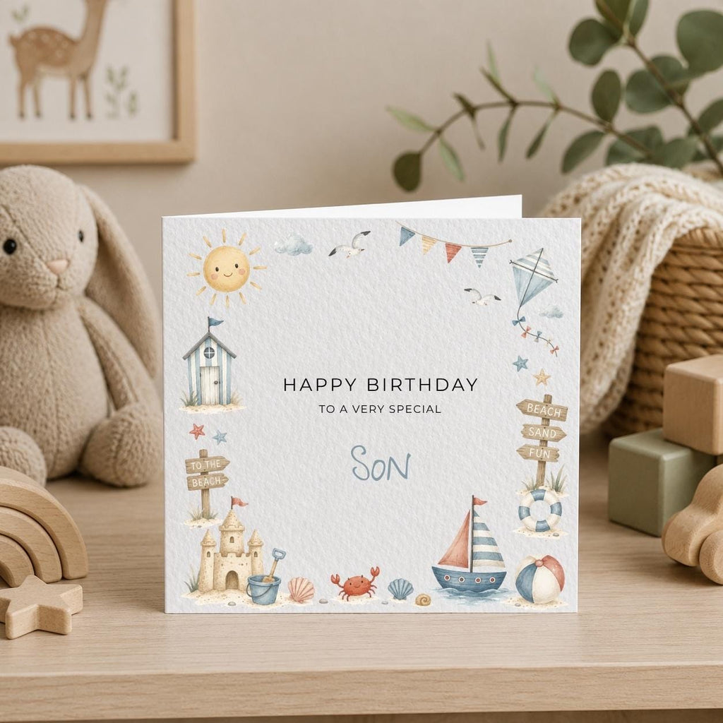 Personalised Seaside Theme Birthday Card for Son, Grandson, Brother etc