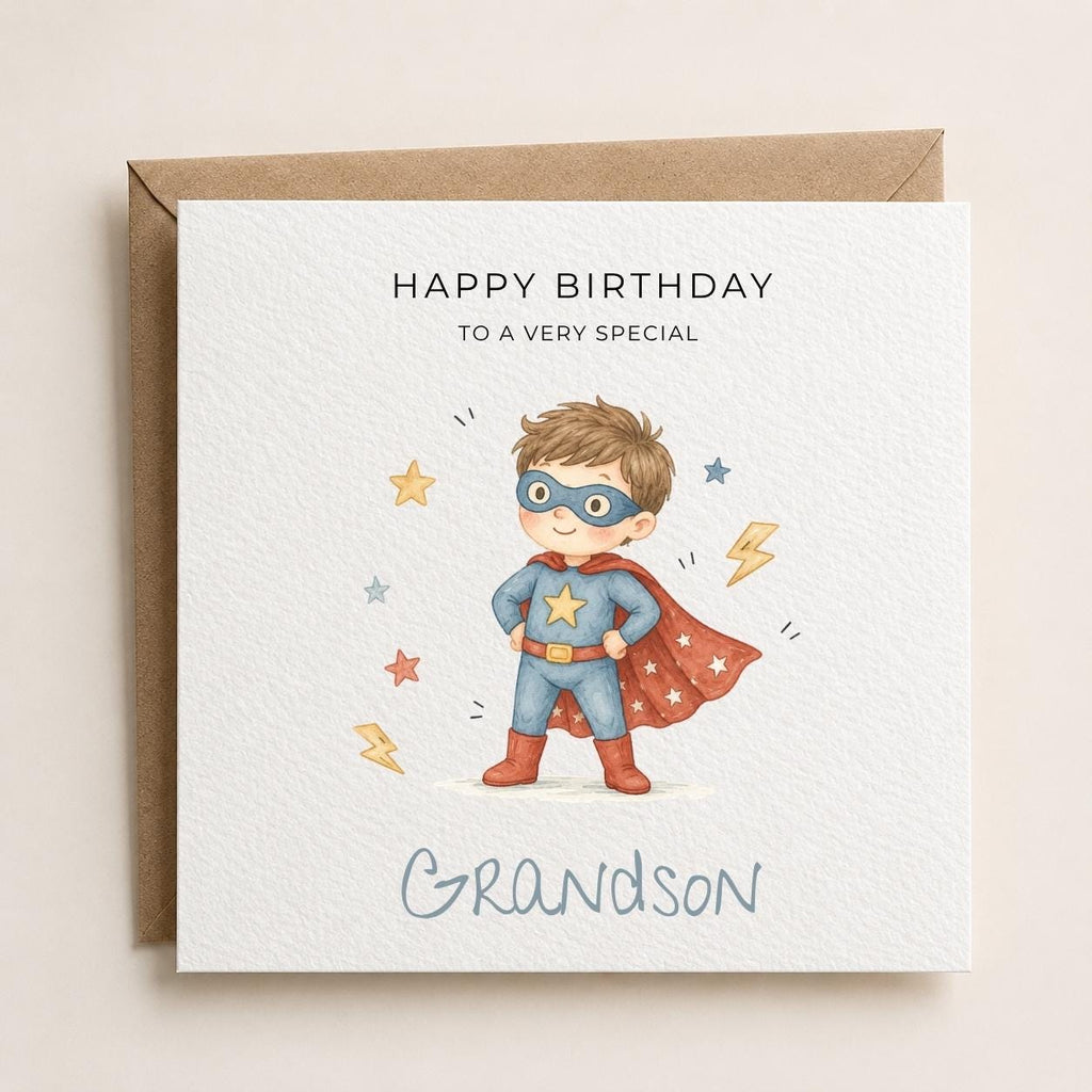 Personalised Superhero Theme Birthday Card for Son, Grandson, Brother etc