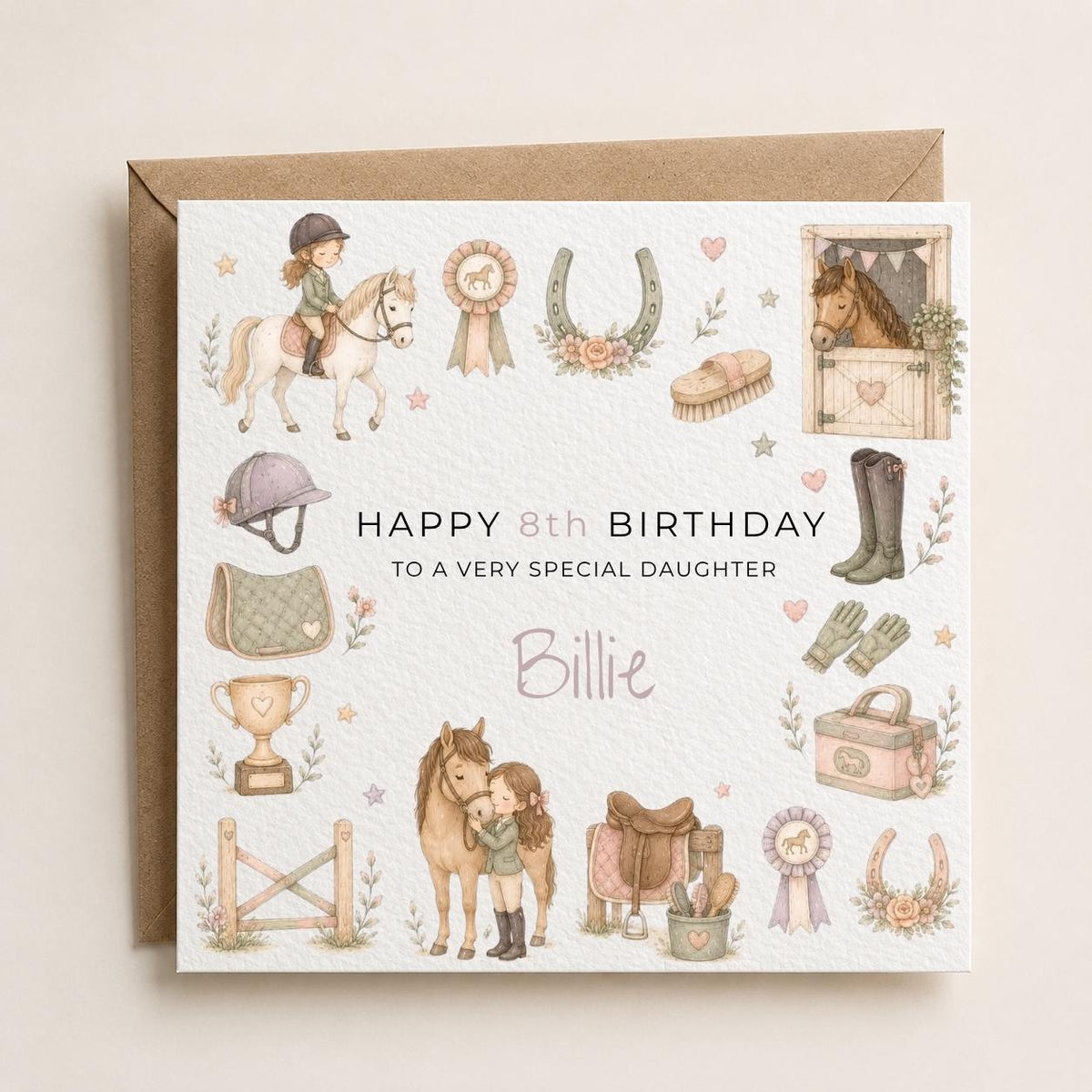 Personalised Horse-Riding Theme Birthday Card for Daughter, Granddaughter, Sister etc