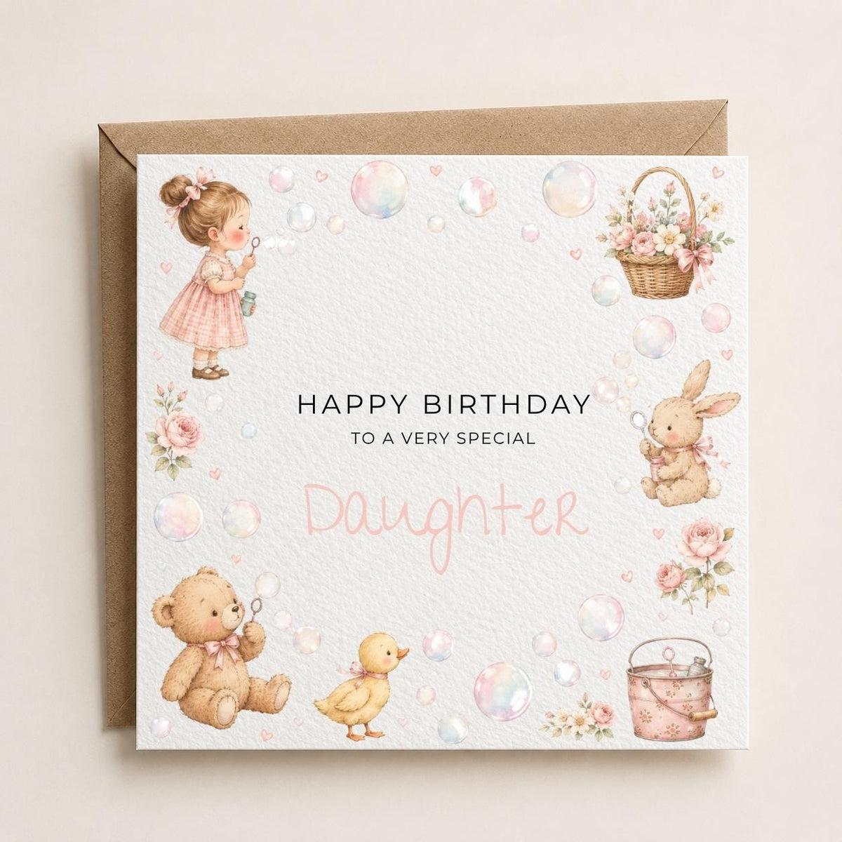 Personalised Bubbles Theme Birthday Card for Daughter, Granddaughter, Sister etc