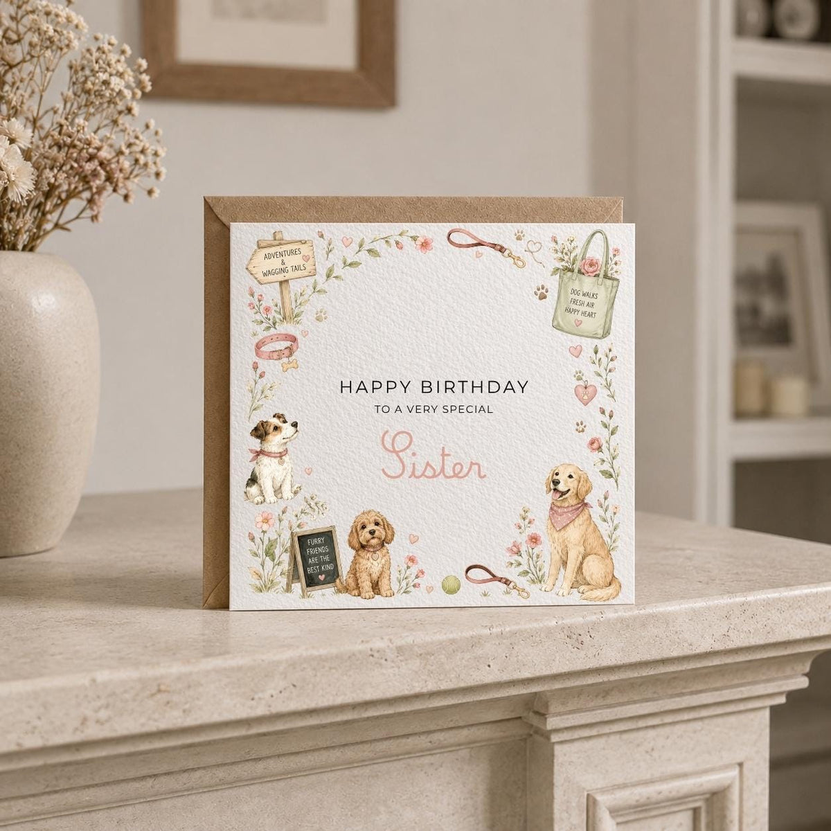 Personalised Dog Walker Theme Birthday Card for Wife, Mum, Grandma, Daughter, Auntie, Sister etc