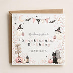 Personalised Halloween Card, Ghost, Black Cat, Pumpkin, Girl's First Halloween Birthday