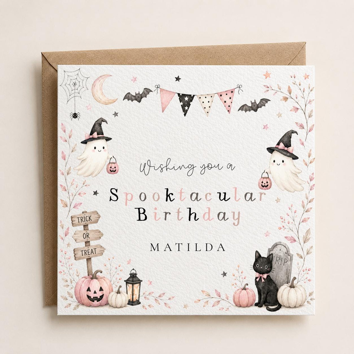Personalised Halloween Card, Ghost, Black Cat, Pumpkin, Girl's First Halloween Birthday