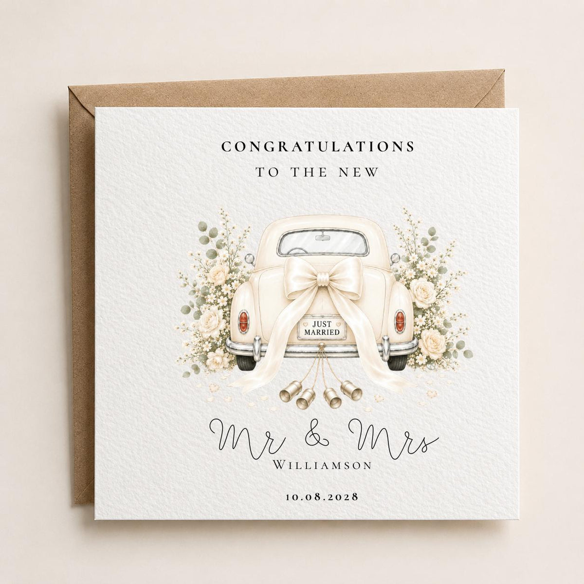 Personalised Just Married Wedding Card | Vintage Cream Car, Custom Surname, Date