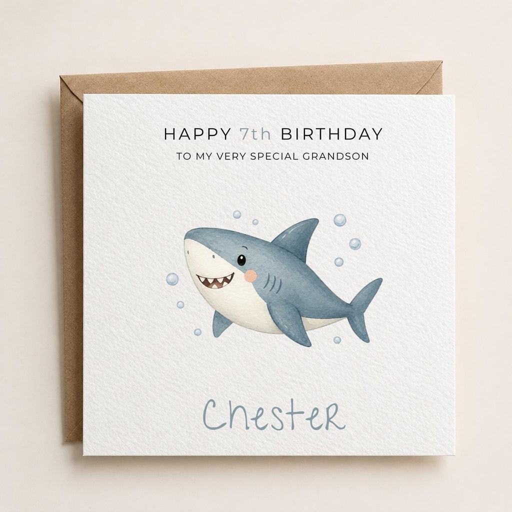 Personalised Sharks Theme Birthday Card for Son, Grandson, Brother etc