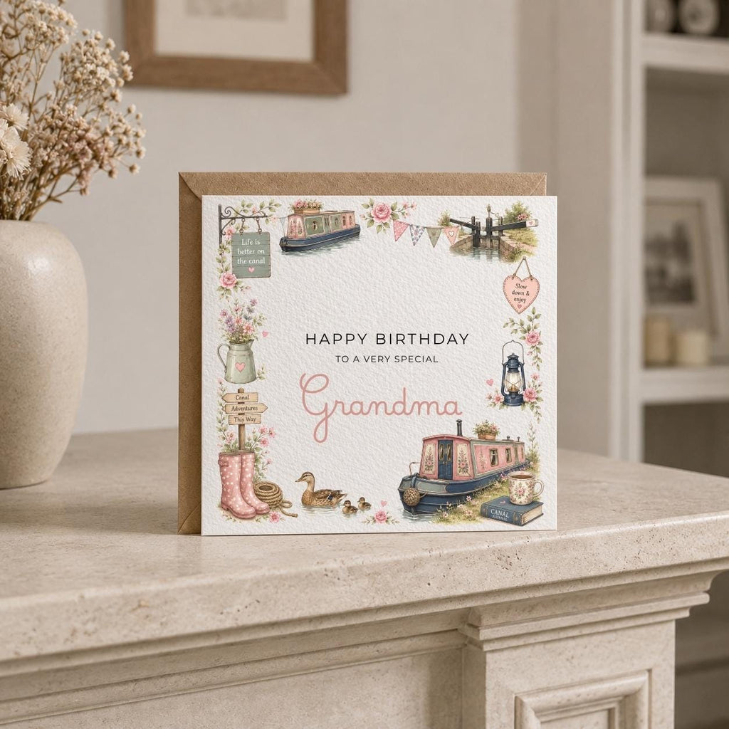 Personalised Canal Boat Theme Birthday Card for Wife, Mum, Grandma, Daughter, Auntie, Sister etc