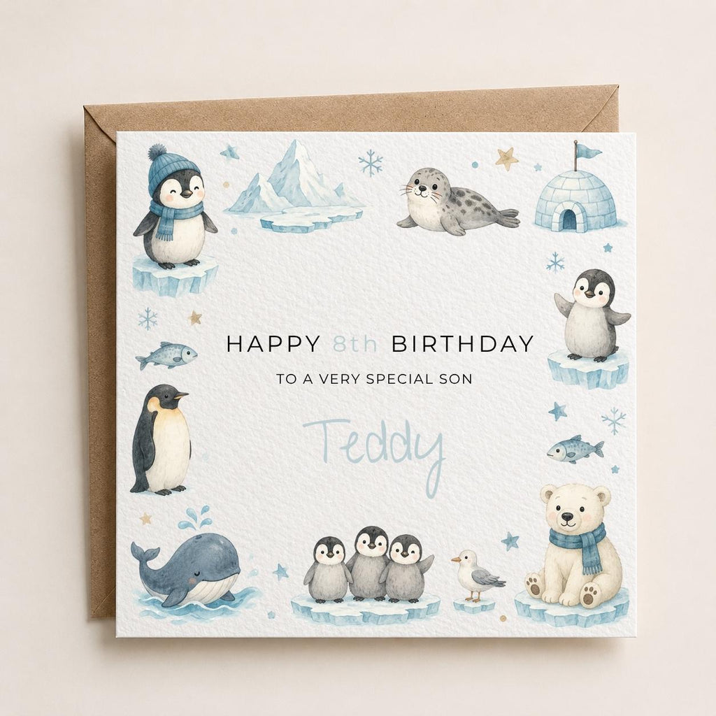 Personalised Artic Animals Theme Birthday Card for Son, Grandson, Brother etc