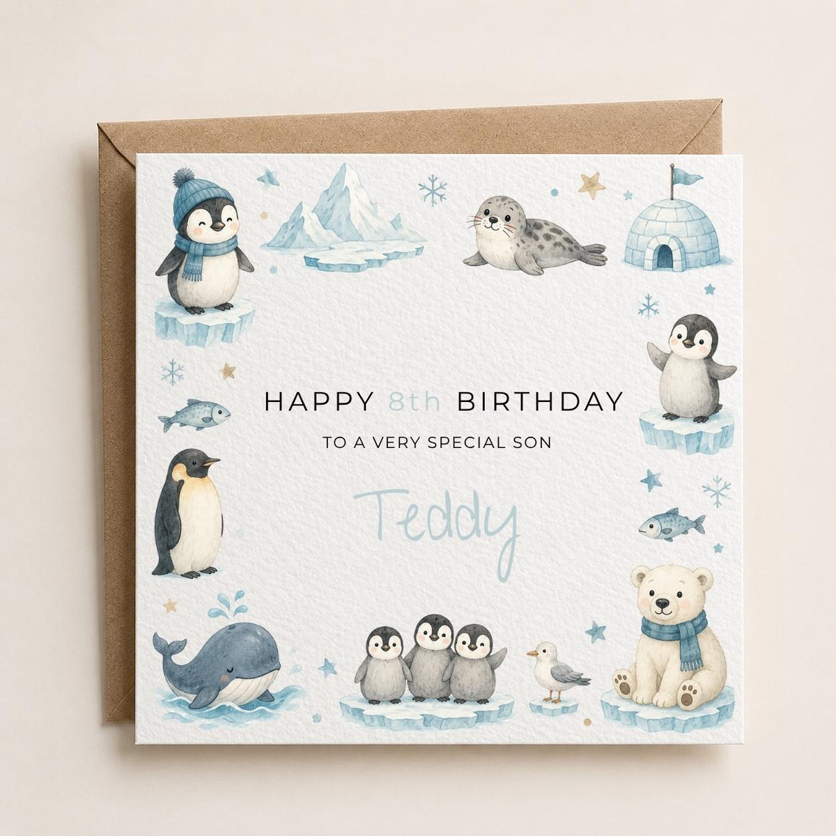 Personalised Artic Animals Theme Birthday Card for Son, Grandson, Brother etc
