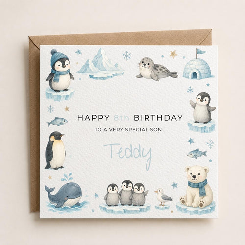 Personalised Artic Animals Theme Birthday Card for Son, Grandson, Brother etc