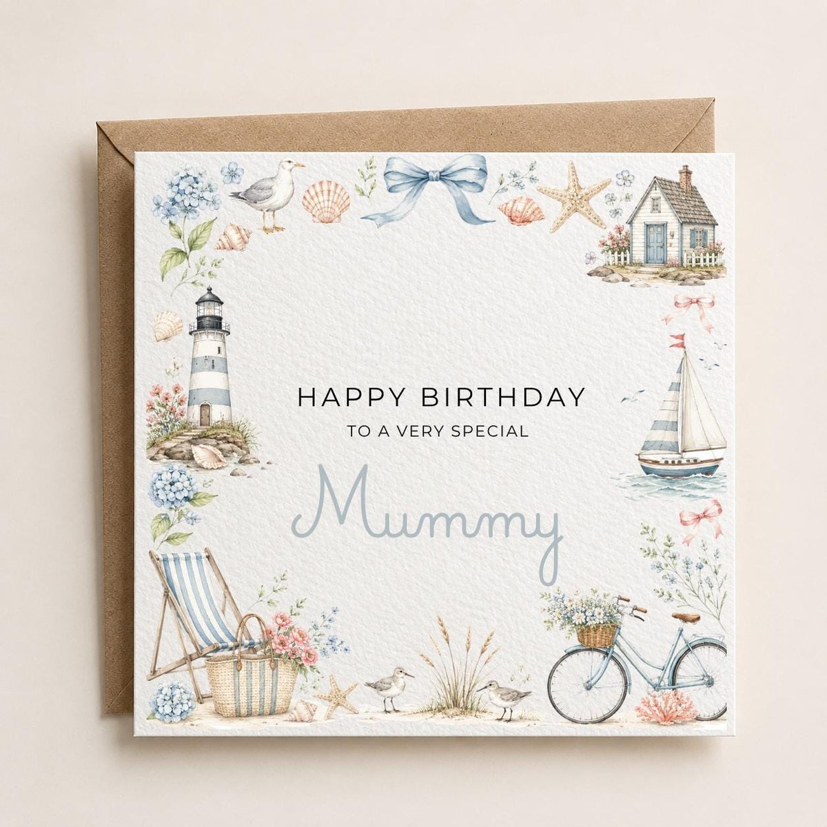 Personalised Coastal Theme Birthday Card for Wife, Mum, Grandma, Daughter, Auntie, Sister etc