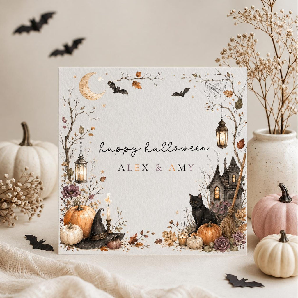 Personalised Halloween Couple Card, Spooky Birthday Greeting, Vintage Style Illustration
